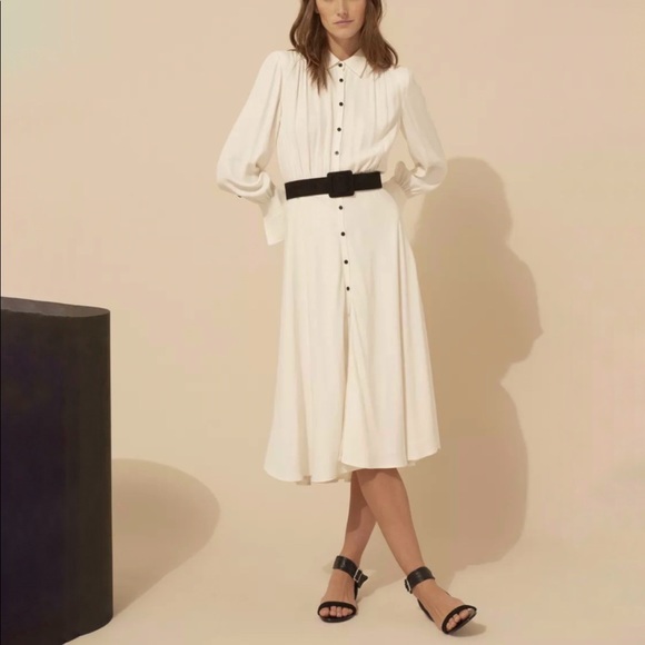 BA&SH Nida white collared long sleeve elastic waist hugging button up midi dress - Picture 4 of 16